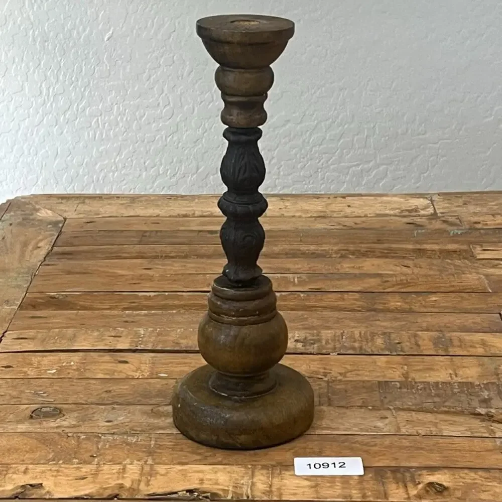 Antique Candle Holder Hand Carved Cast Iron and Wood 12.8